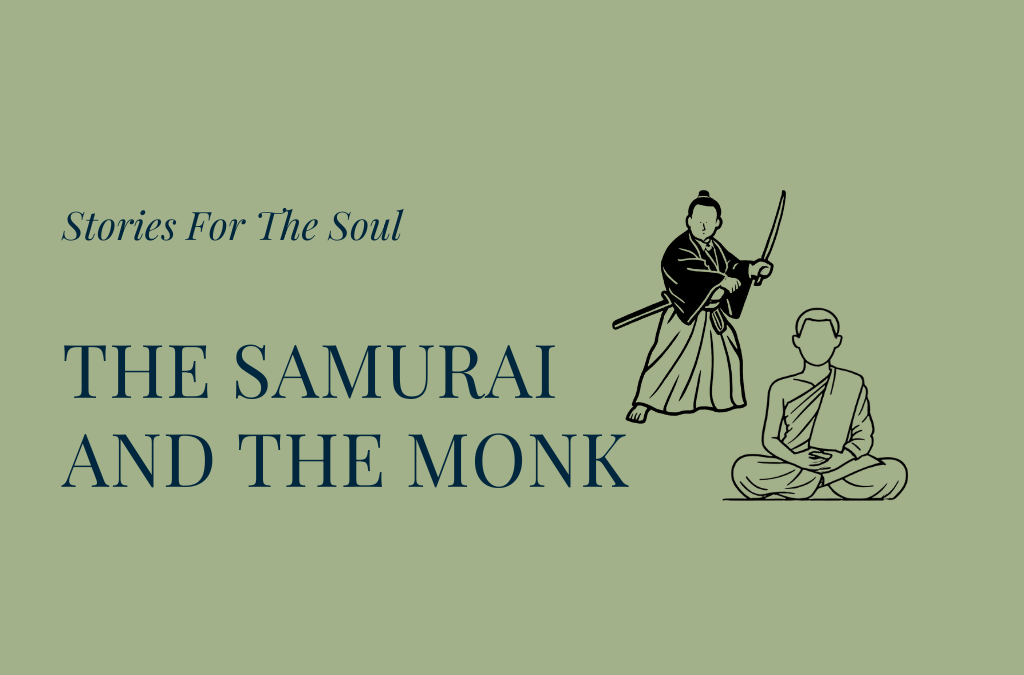 Line art illustration of a Japanese monk and a samurai facing one another